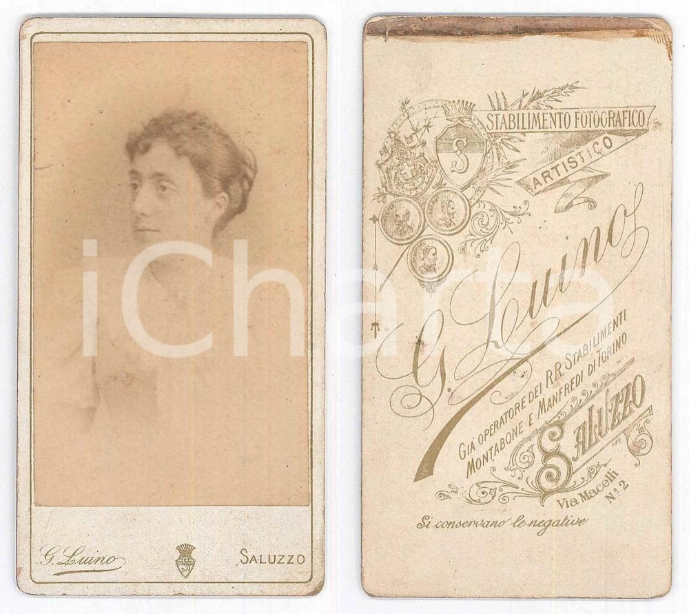Fotografia d epoca originale 1880 ca SALUZZO CN Giovane donna in abito bianco  Busto Foto G. LUINO CDV 1