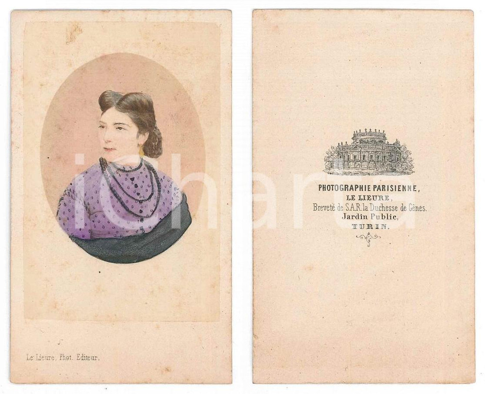 Fotografia d epoca originale 1870 ca TORINO Giovane donna con abito viola  Ritratto colorato Foto LE LIEURE 1