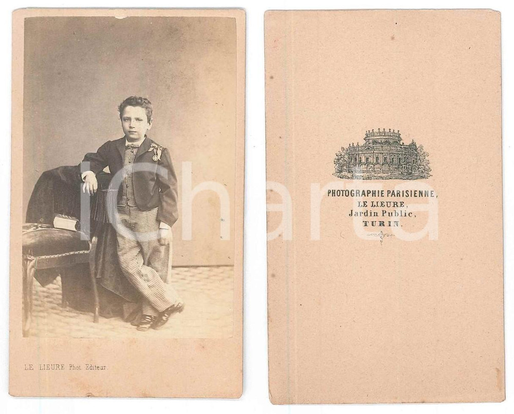 Fotografia d epoca originale 1870 ca TORINO  Bambino in abito a quadretti  Ritratto Foto LE LIEURE CDV 1