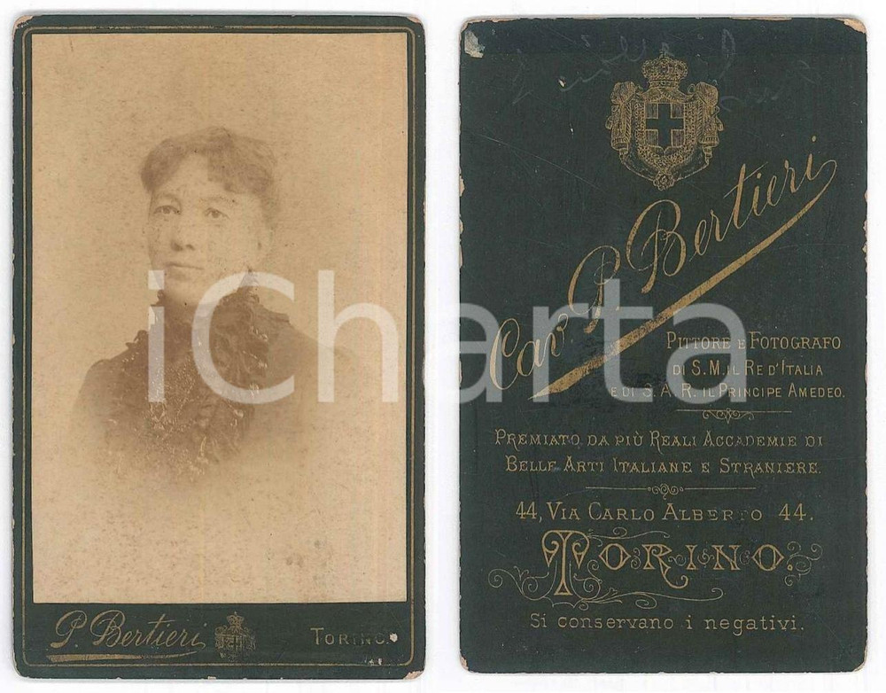 Fotografia d epoca originale 1880 ca TORINO Ritratto di Luisa SCIOLLA  Busto  Foto Pietro BERTIERI CDV 1