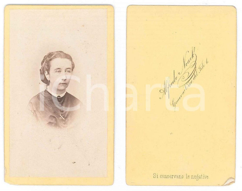 Fotografia d epoca originale 1875 ca GENOVA Ritratto di donna  Busto Foto ALFREDO NOACK CDV 1