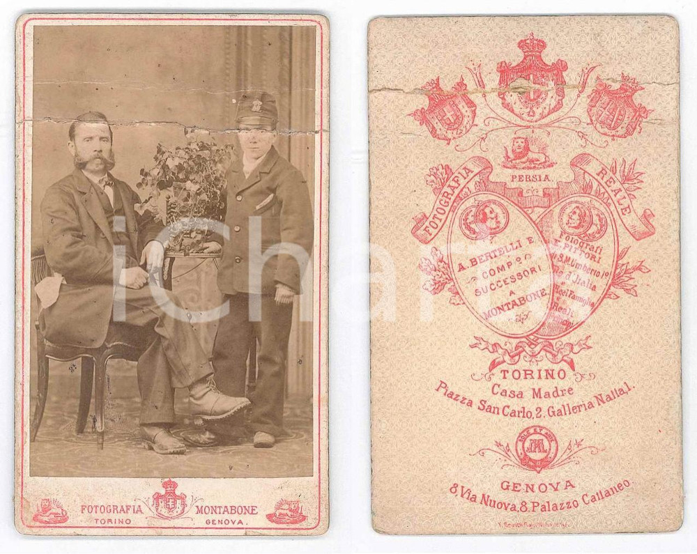 Fotografia d epoca originale 1880 ca TORINO Uomo con figlio in divisa  Foto MONTABONE DANNEGGIATA 1