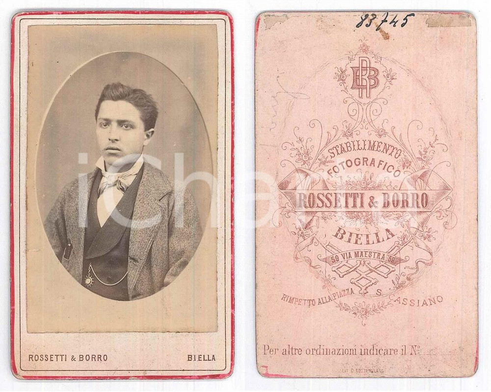 Fotografia d epoca originale 1880 ca BIELLA Ritratto di ragazzo  Busto Foto ROSSETTI & BORRO CDV 1
