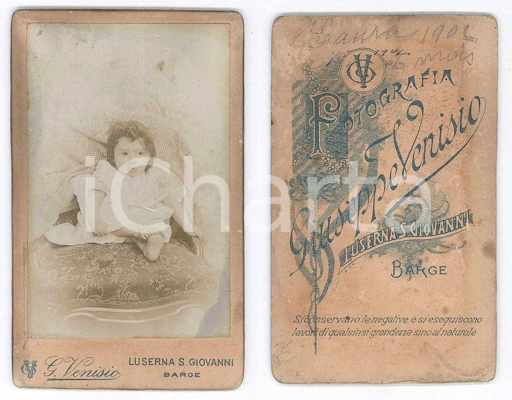 Fotografia d epoca originale 1902 LUSERNA SAN GIOVANNI Ritratto di bambina di 6 mesi Foto G. VENISIO CDV 1