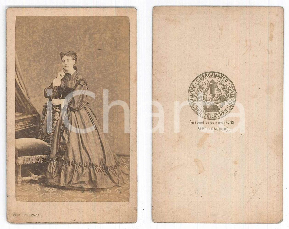 Fotografia d epoca originale 1870 ca ST. PETERSBURG RUSSIA Portrait of a woman  Photo Carlo BERGAMASCO CDV 1
