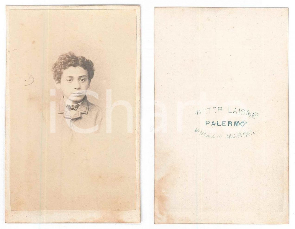Fotografia d epoca originale 1870 ca PALERMO Ritratto di bambino con cravattino  Busto Foto LAISNÃ‰ CDV 1