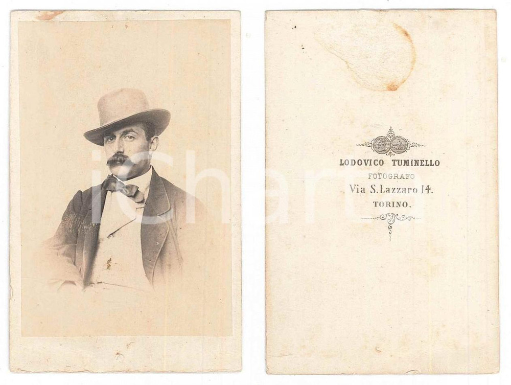 Fotografia d epoca originale 1875 ca TORINO Ritratto maschile con cappello Foto Lodovico TUMINELLO CDV 1