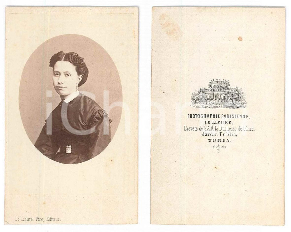 Fotografia d epoca originale 1875 ca TORINO Giovane donna in abito scuro  Busto  Foto LE LIEURE CDV 1