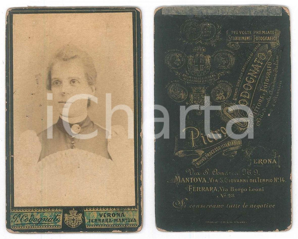 Fotografia d epoca originale 1875 ca VERONA Ritratto di giovane donna  Busto Foto P. CODOGNATO CDV 1