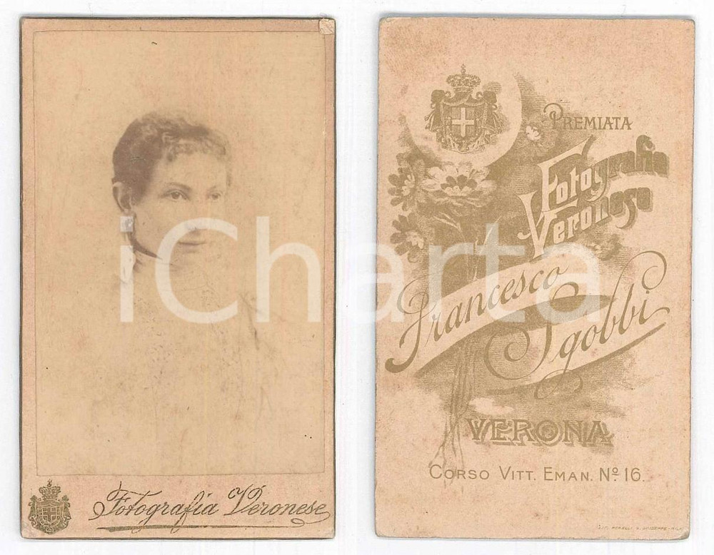 Fotografia d epoca originale 1875 ca VERONA Giovane donna in abito bianco  Busto Foto SGOBBI CDV 1