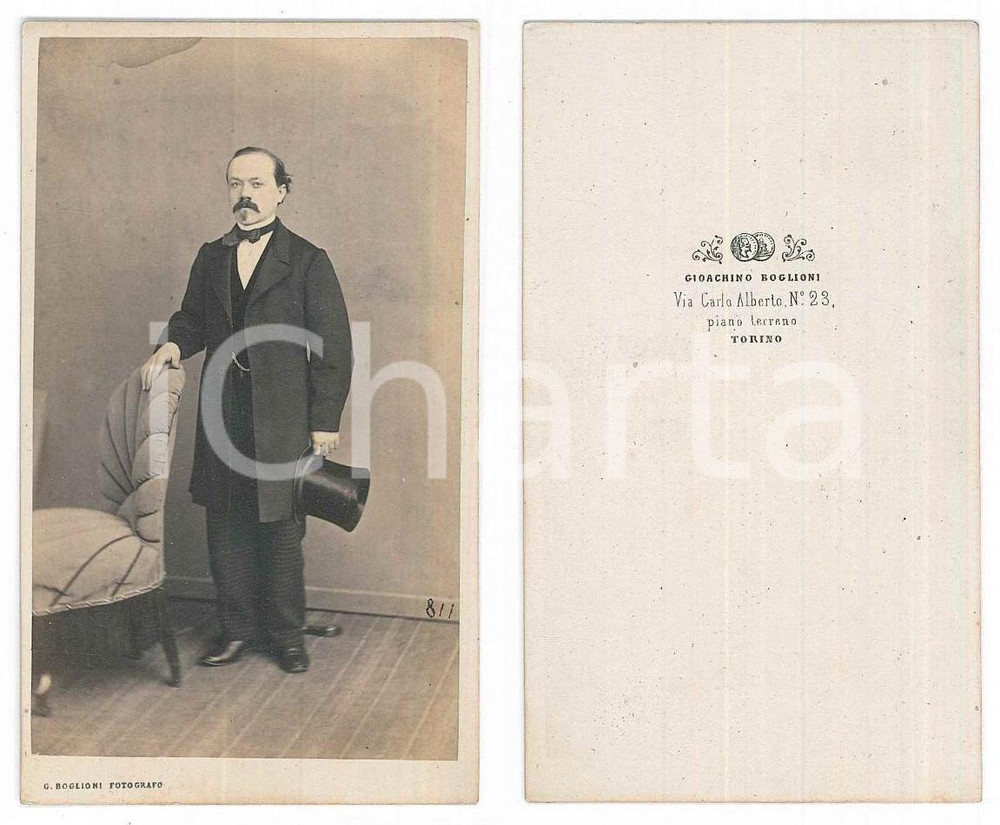 Fotografia d epoca originale 1870 ca TORINO Ritratto maschile con il cilindro  Foto Gioachino BOGLIONI CDV 1