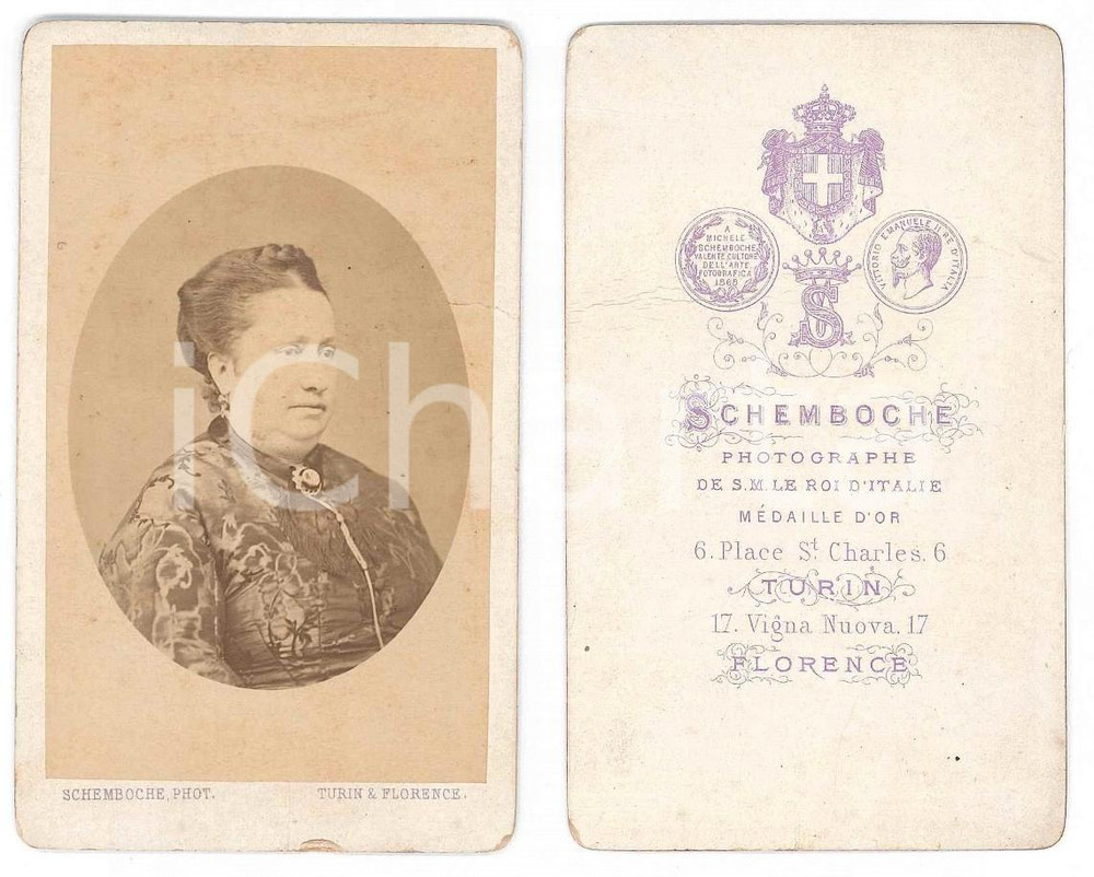 Fotografia d epoca originale 1870 ca TORINO Donna con abito ricamato  Busto Foto SCHEMBOCHE CDV 1