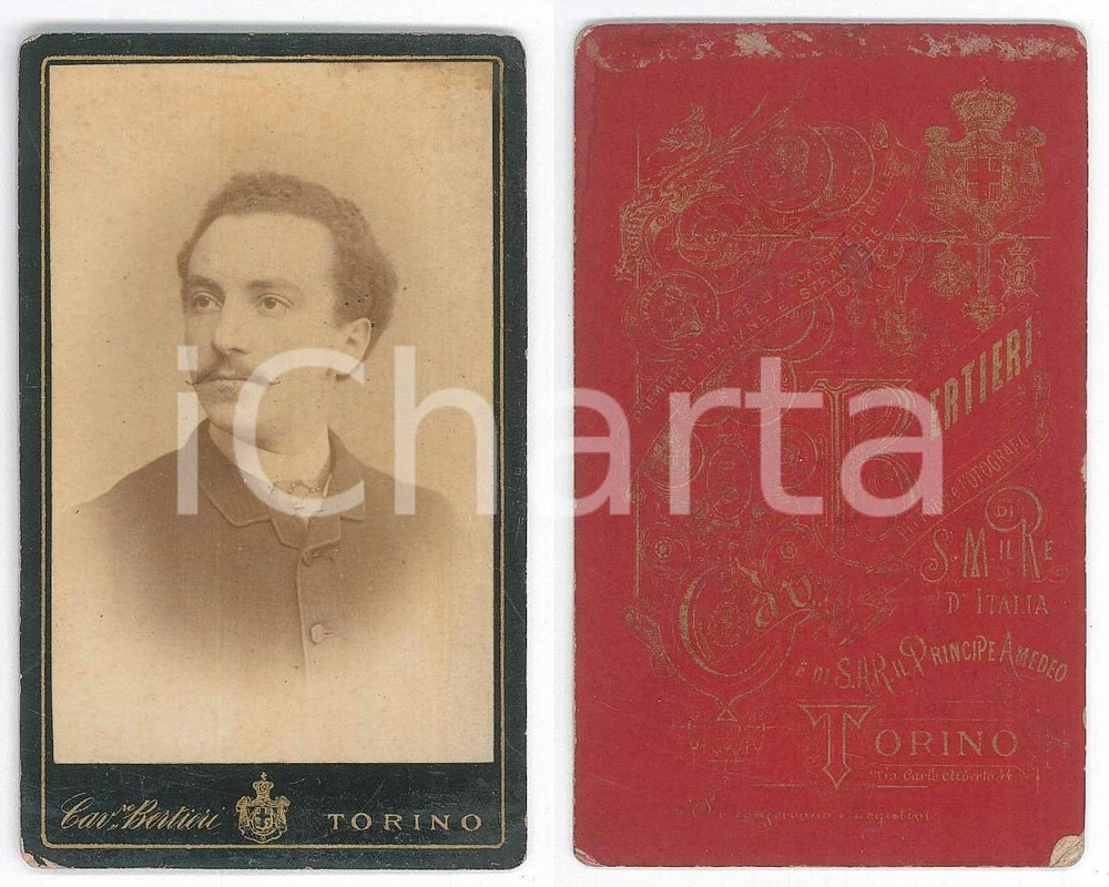 Fotografia d epoca originale 1880 ca TORINO Ritratto maschile  Busto Foto Cav. BERTIERI CDV 1