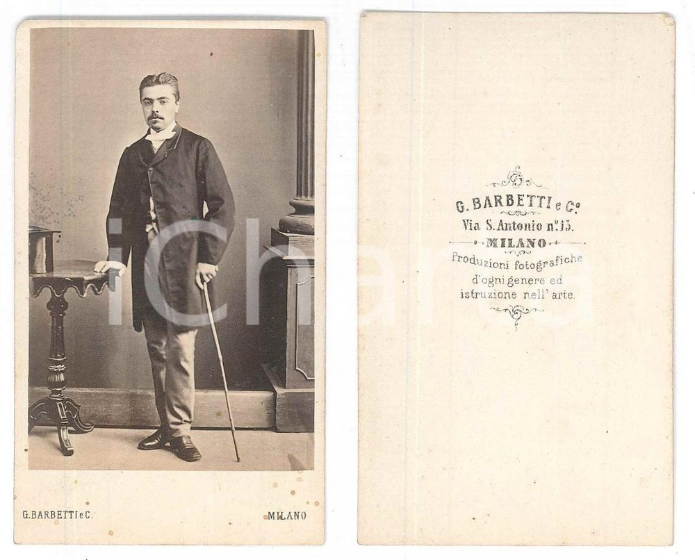 Fotografia d epoca originale 1870 ca MILANO Gentiluomo in abito da passeggio  Ritratto  Foto BARBETTI 1