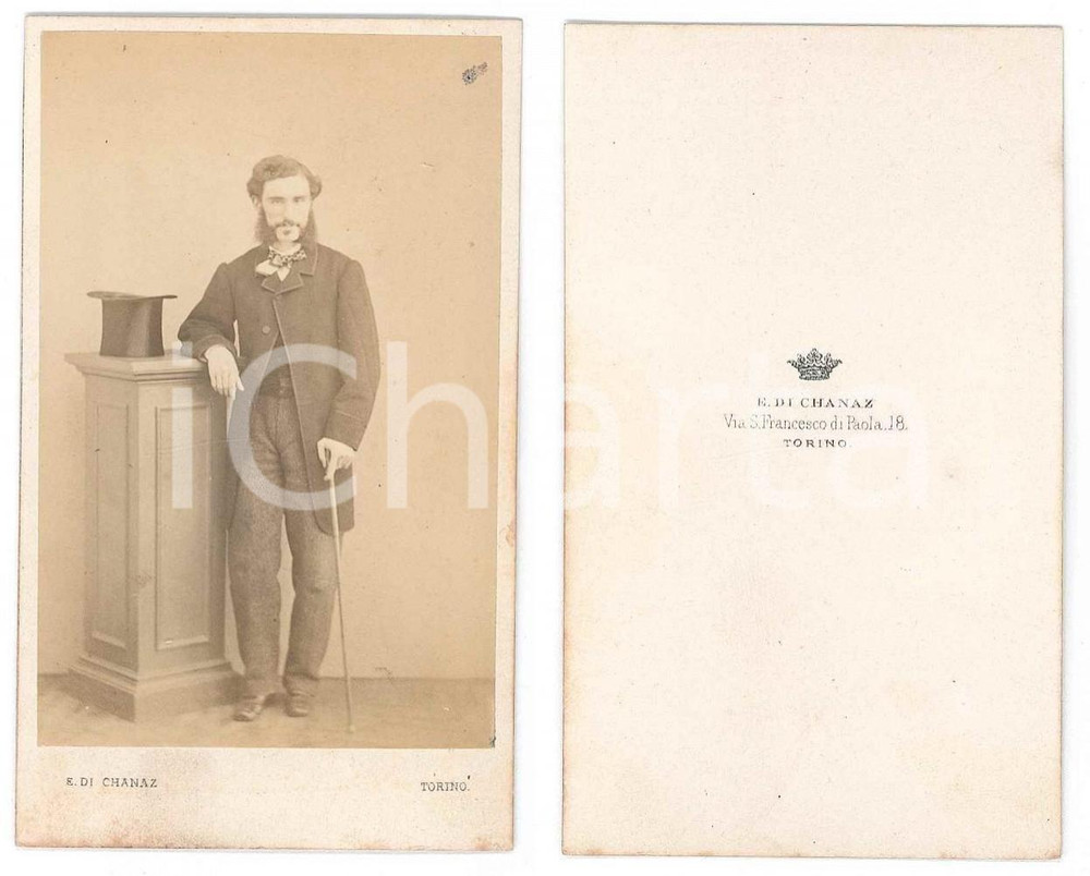 Fotografia d epoca originale 1870 ca TORINO Gentiluomo in abito da passeggio  Ritratto  Foto E. DI CHANAZ 1
