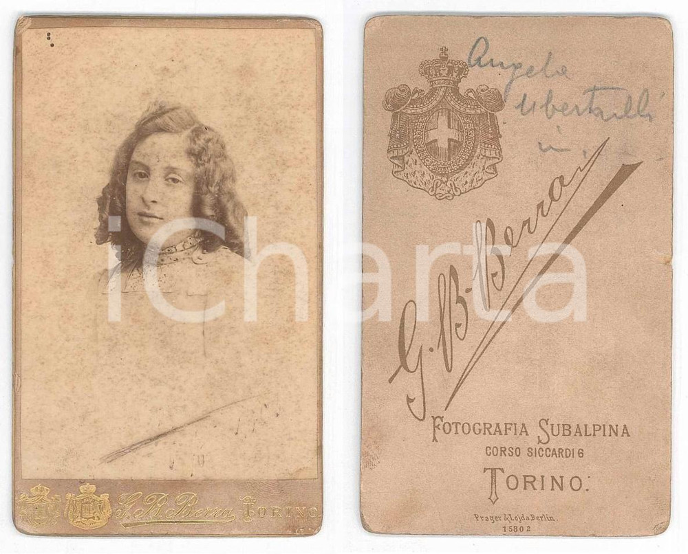 Fotografia d epoca originale 1880 ca TORINO Angela UBERTALLI giovane  Ritratto  Foto G. B. BERRA CDV 1