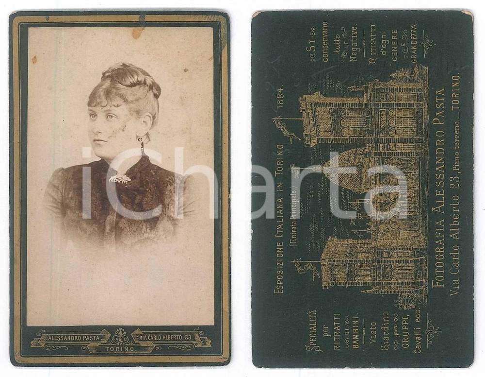 Fotografia d epoca originale 1885 ca TORINO Giovane donna in abito scuro  Foto Alessandro PASTA CDV 1
