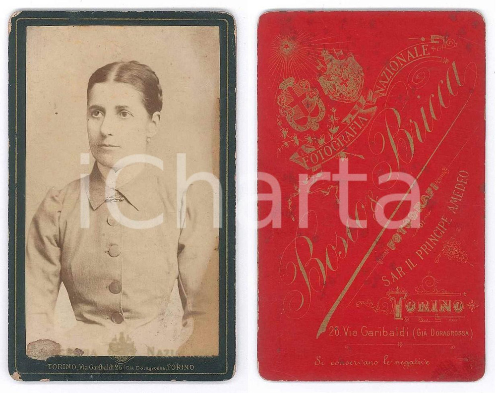 Fotografia d epoca originale 1880 ca TORINO Ritratto di donna con abito a bottoni Foto BOSCO & BRICCA CDV 1