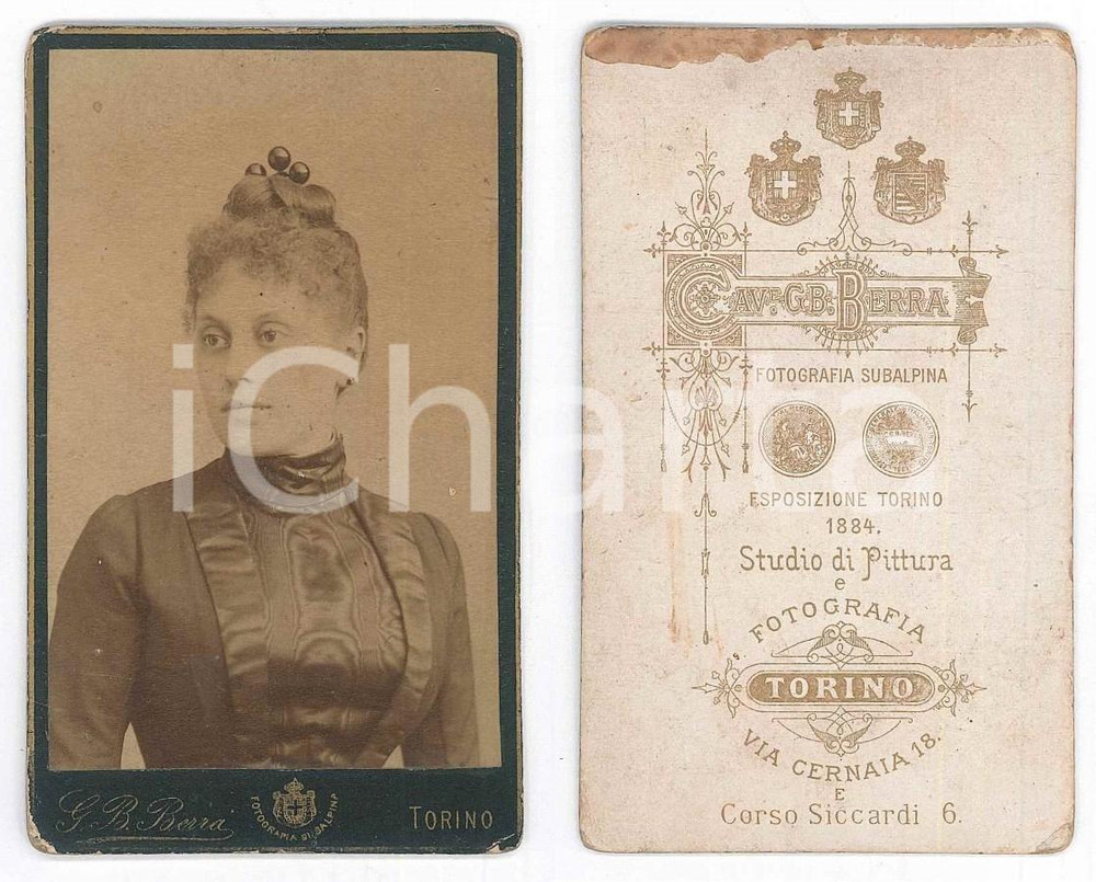 Fotografia d epoca originale 1885 ca TORINO Giovane donna in abito di raso  Foto G. B. BERRA CDV 1