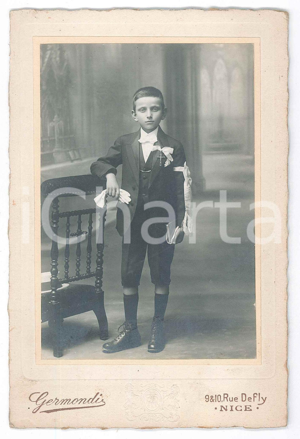 Fotografia d epoca originale 1915 ca NICE FRANCE PremiÃ¨re Communion  GarÃ§on  Photo GERMONDI 11x16 cm 1