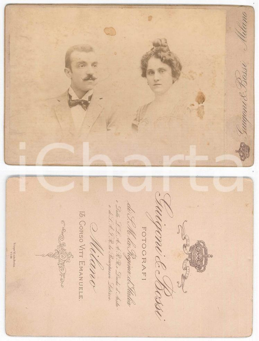 Fotografia d epoca originale 1890 ca MILANO Ritratto di una coppia di sposi Foto GUIGONI e BOSSI 11x16 1
