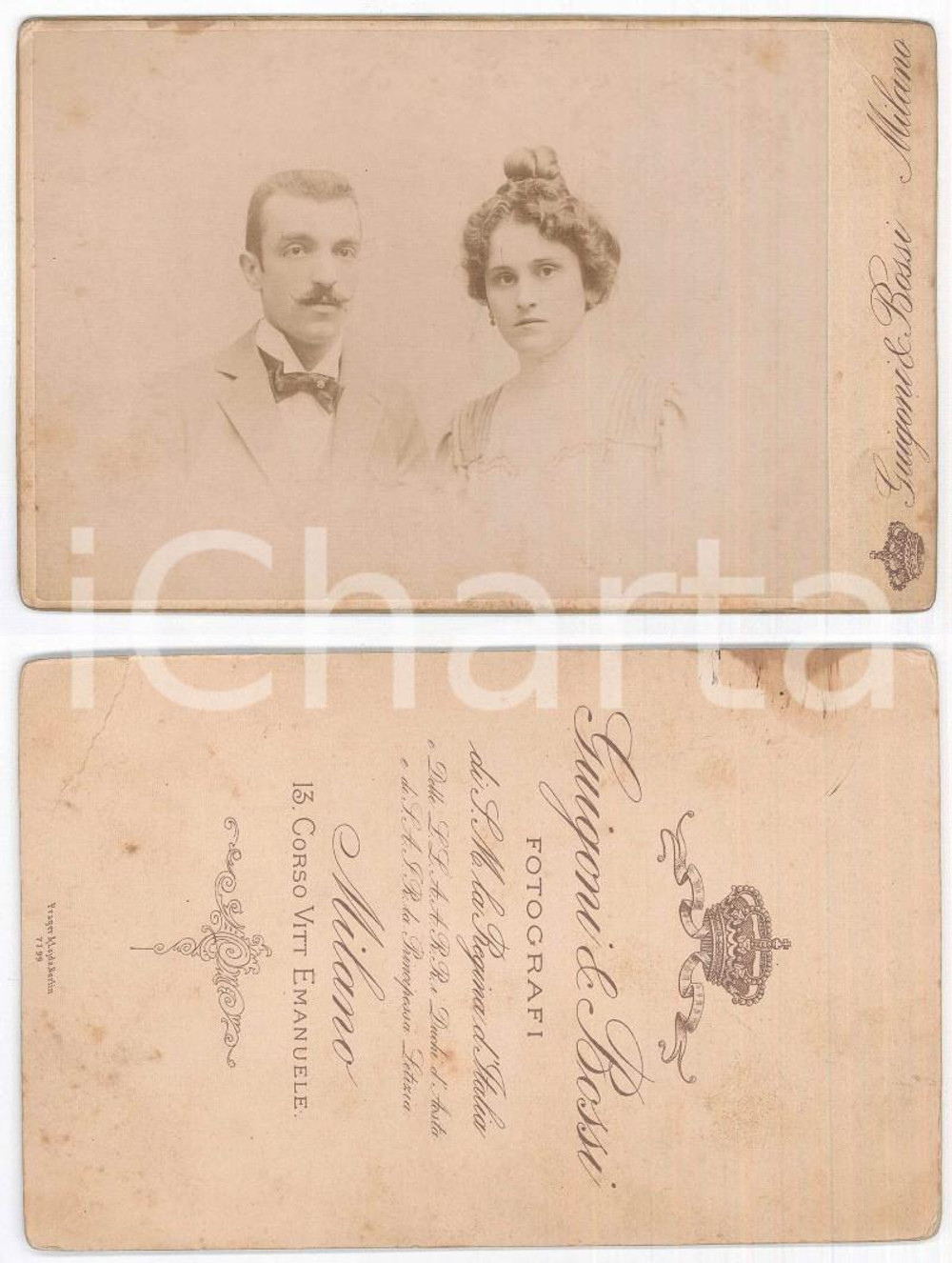 Fotografia d epoca originale 1890 ca MILANO Ritratto di una coppia di sposi 2 Foto GUIGONI e BOSSI 11x16 1