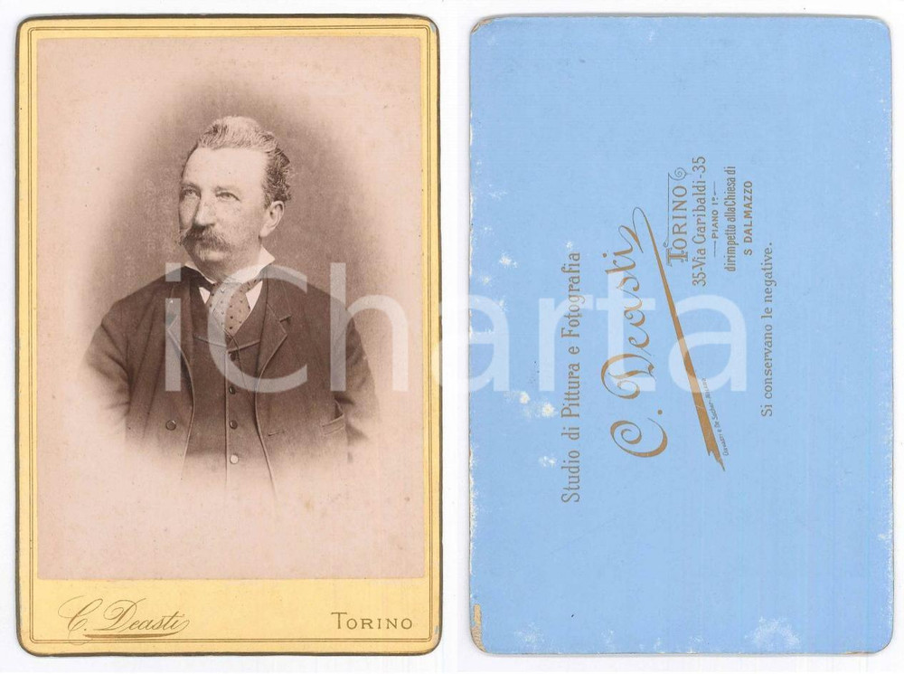Fotografia d epoca originale 1880 ca TORINO Ritratto maschile  Busto  Foto C. DEASTI 11x16 cm 1