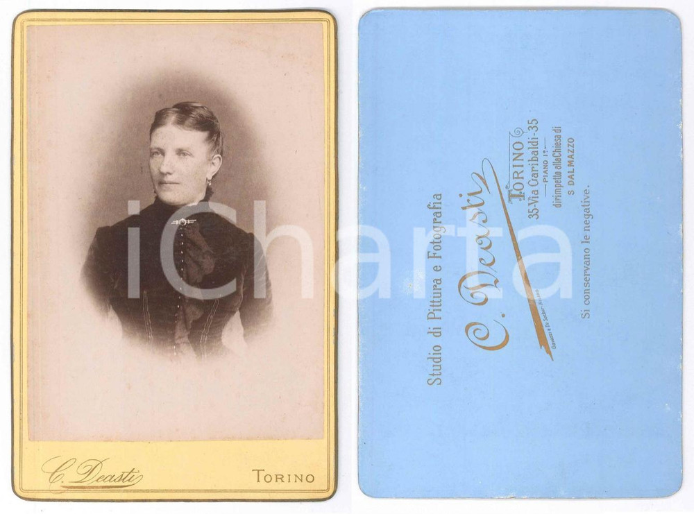 Fotografia d epoca originale 1880 ca TORINO Donna in abito di velluto  Busto  Foto C. DEASTI 11x16 cm 1