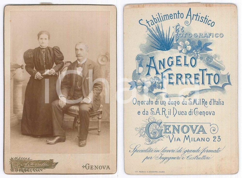Fotografia d epoca originale 1900 ca GENOVA Coppia di coniugi  Ritratto  Foto Angelo FERRETTO 11x16 cm 1