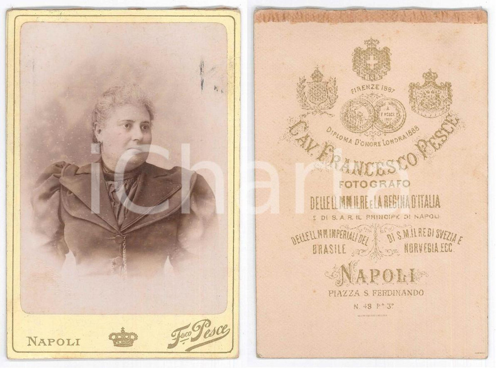 Fotografia d epoca originale 1890 ca NAPOLI Donna in abito scuro  Busto  Foto Francesco PESCE 11x16 cm 1