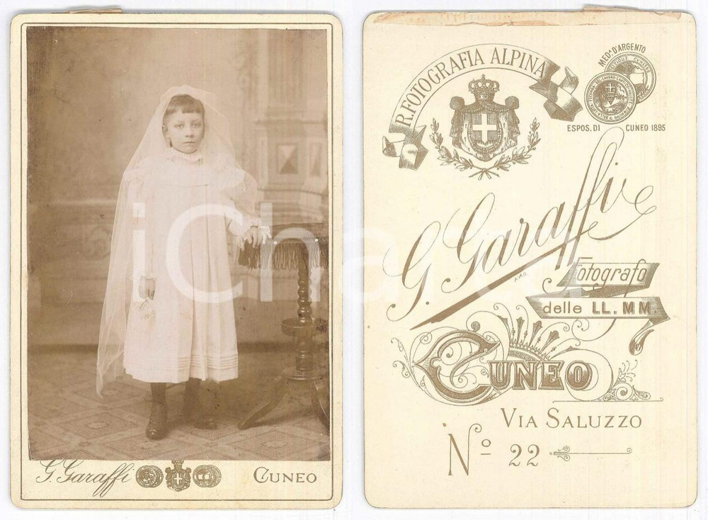 Fotografia d epoca originale 1900 ca CUNEO Bambina alla Prima Comunione  Foto Giacinto GARAFFI 11x16 cm 1