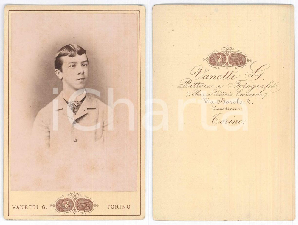 Fotografia d epoca originale 1880 ca TORINO Ritratto di un ragazzo  Busto  Foto G. VANETTI 11x16 cm 1
