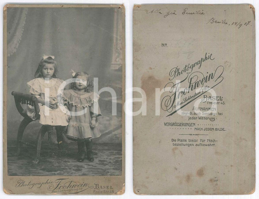 Fotografia d epoca originale 1907 BASEL CH Due sorelle bambine italiane  Foto FROHRVEIN 11x16 cm 1