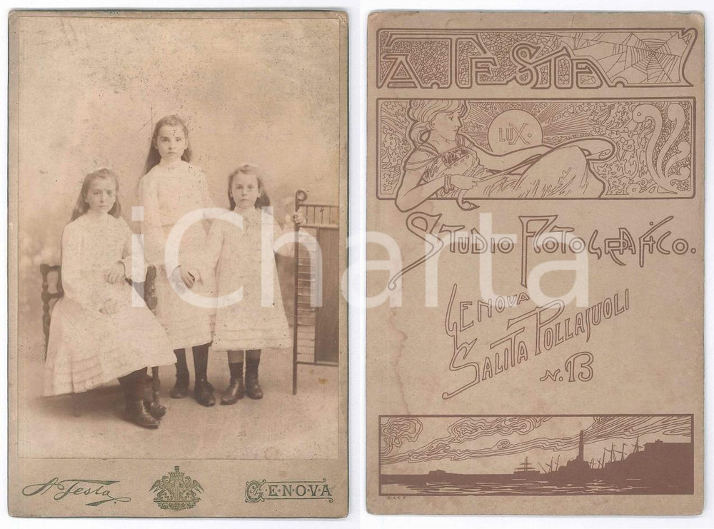 Fotografia d epoca originale 1910 ca GENOVA Tre sorelle in abito bianco  Foto Achille TESTA 11x16 cm 1