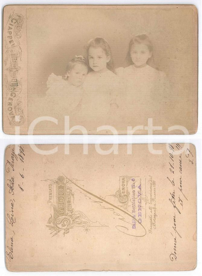 Fotografia d epoca originale 1898 GENOVA Elena, Lina e Ada PERAZZI bambine  Foto CIAPPEI 11x16 cm 1
