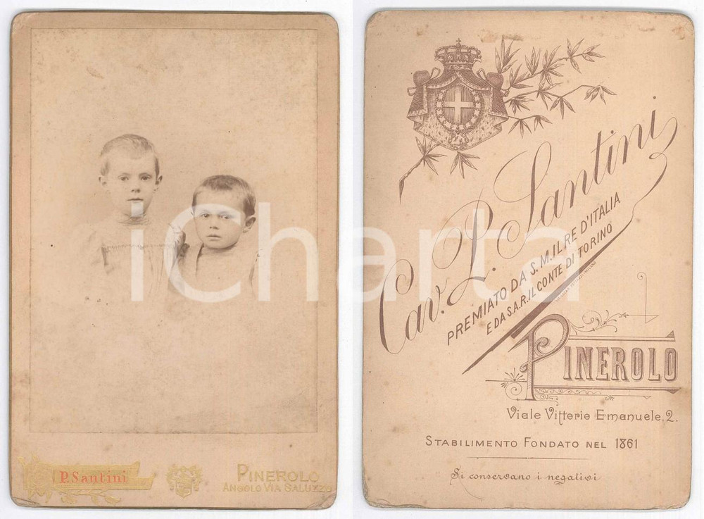Fotografia d epoca originale 1880 ca PINEROLO Ritratto di due fratelli bambini Foto Pietro SANTINI 11x16 1
