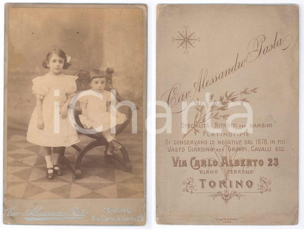 Fotografia d epoca originale 1890 ca TORINO Coppia di sorelle bambine  Ritratto  Foto Alessandro PASTA 1