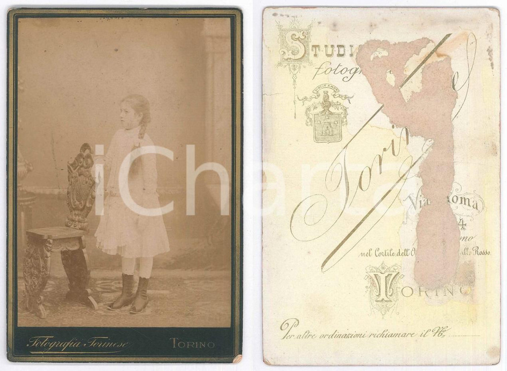 Fotografia d epoca originale 1890 ca TORINO Bambina con lunga treccia  Ritratto Fotografia Torinese 11x16 1