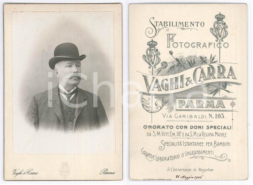 Fotografia d epoca originale 1906 PARMA Ritratto maschile in abito a quadretti  Foto VAGHI & CARRA 11x16 cm 1