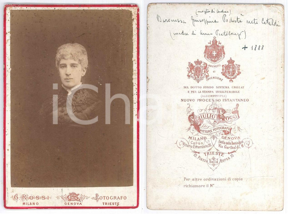 Fotografia d epoca originale 1880 ca GENOVA Baronessa Giuseppina PODESTA  CATALDI  Ritratto Foto G. ROSSI 1