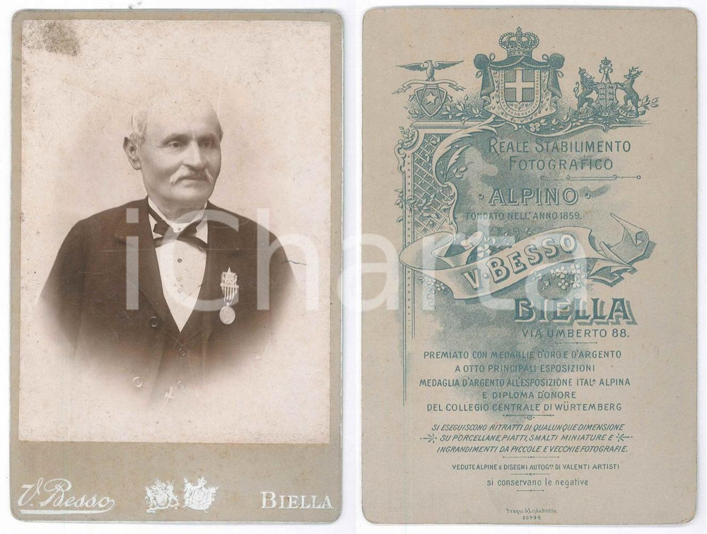 Fotografia d epoca originale 1900 ca BIELLA Ritratto di ex ufficiale decorato Foto Vittorio BESSO 11x16 1