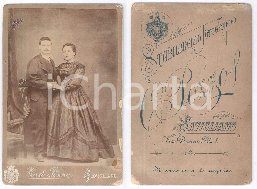1880 ca SAVIGLIANO Ritratto di due coniugi per mano - Foto Carlo POZZO 11x16 cm