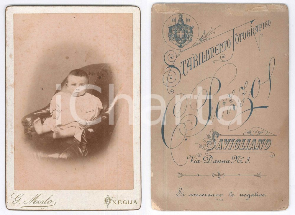 Fotografia d epoca originale 1890 ca ONEGLIA Ritratto di bambino in poltrona  Foto G. MERLO 11x16 cm 1