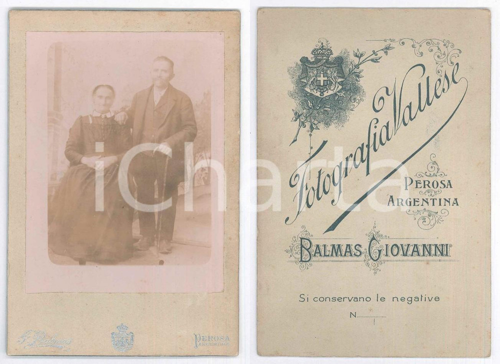 Fotografia d epoca originale 1900 ca PEROSA ARGENTINA Coppia di anziani coniugi  Foto Giovanni BALMAS 11x16 1