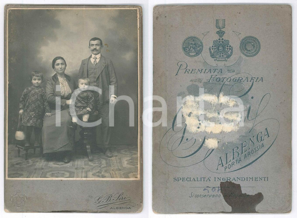 Fotografia d epoca originale 1915 ca ALBENGA SV Famiglia con due bambine  Ritratto Foto G. B. SIRI 11x16 1