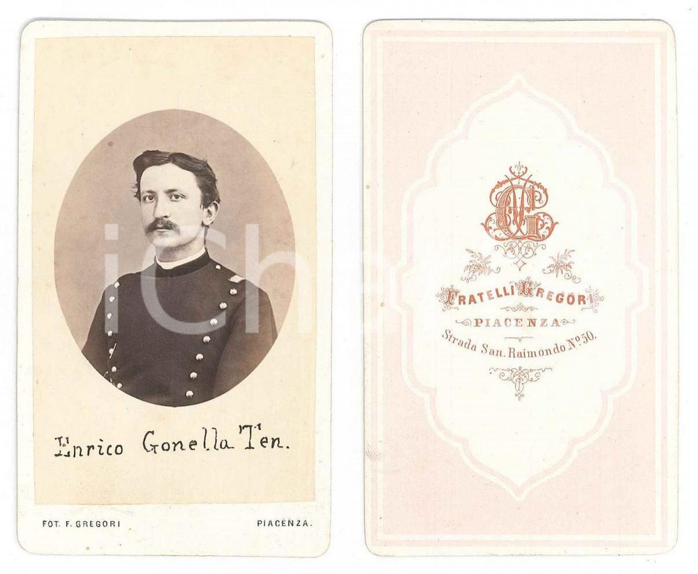 Fotografia d epoca originale 1870 PIACENZA Ten. Enrico GONELLA  9Â° Regg. Artiglieria  Foto Fratelli GREGORI 1