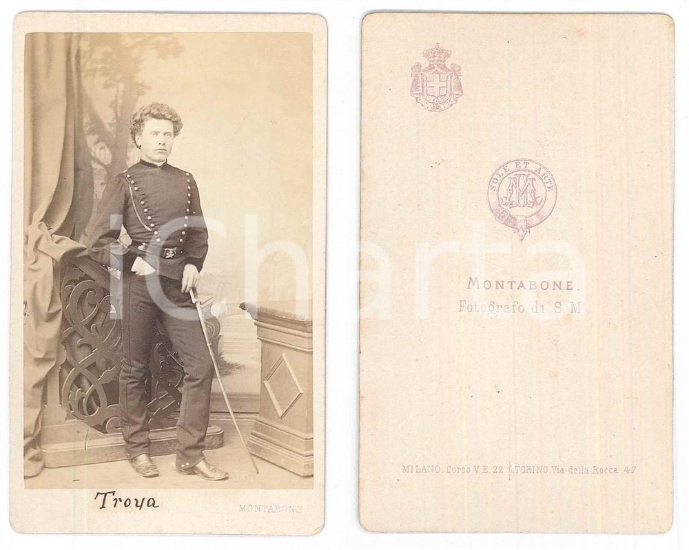 Fotografia d epoca originale 1865 ca TORINO Nobile TROYA  Istruttore 9Â° Regg. Artiglieria  Foto MONTABONE 1
