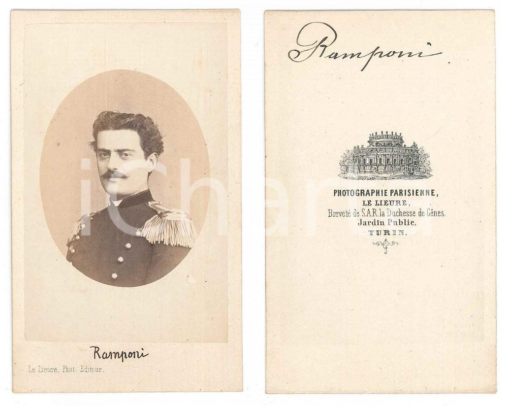 Fotografia d epoca originale 1865 TORINO  REGIO ESERCITO  Ufficiale RAMPONI Foto LE LIEURE CDV 1