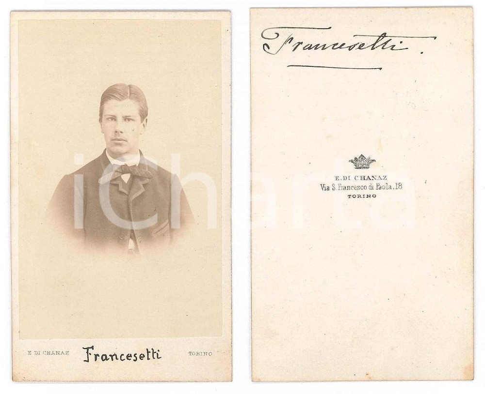 Fotografia d epoca originale 1862 TORINO  Famiglia FRANCESETTI  Ritratto maschile Foto E. DI CHANAZ CDV 1
