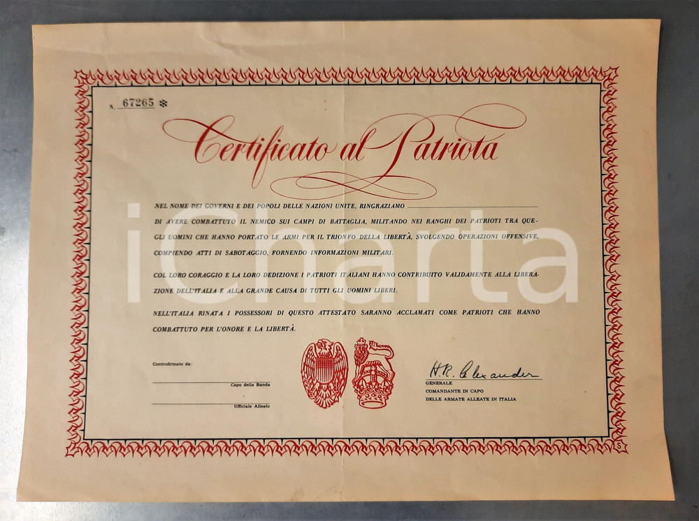 Documento originale, autentico 1945 ca RESISTENZA  ITALIA  Certificato al Patriota NON COMPILATO 1